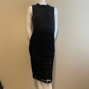 Magaschoni Silk Midi Lace Mixed Media Mock Neck Pencil Sheath Dress Size 2 NWOT